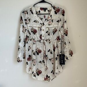 J for Justify White Floral Blouse with Button Accents